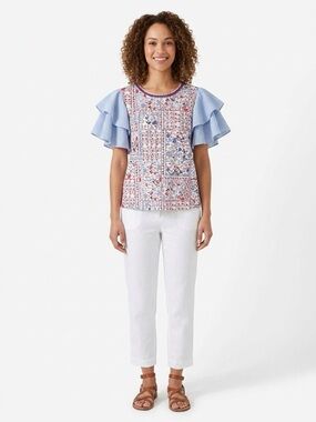Letmebe Women’s Floral Patchwork Flutter Sleeve Blouse Top Red White & Blue Sz L